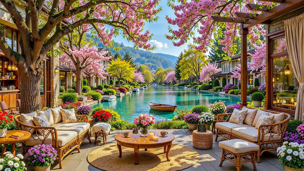 🌺Calming Morning Jazz Music at Cozy Spring Coffee Shop Corner with Forest Sounds for Positive Mood