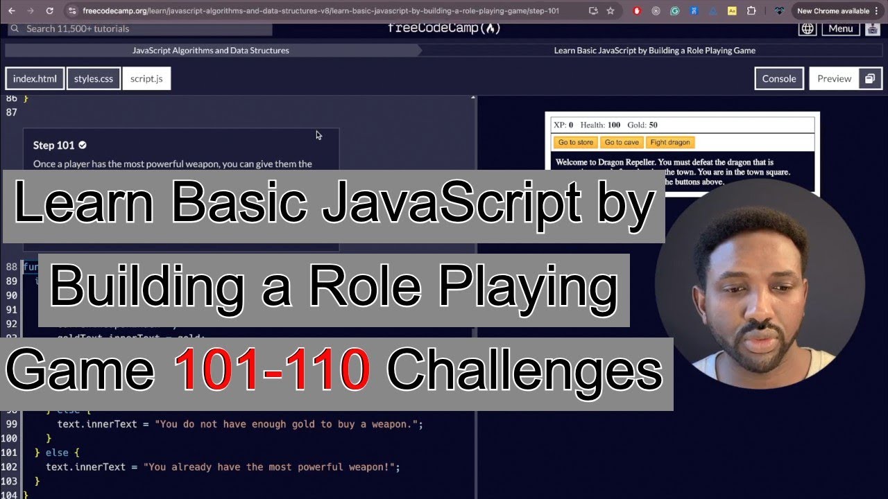 Learn JavaScript the Fun Way: Create a Role-Playing Game with FreeCodeCamp 101-110 Challenges.