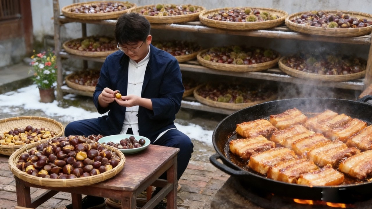 Autumn’s sweet chestnuts, winter’s comfort:classic pork belly stew,taste of fall saved for the cold.