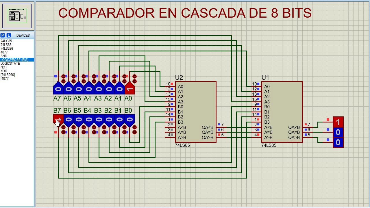 COMPARADOR 74LS85 EN CASCADA 8 BITS / PROTEUS