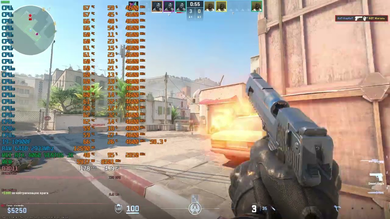 Counter-Strike 2 i9 10900F WATER PUMP RAM 64GB DDR4 2933 MSI RTX 4060 VENTUS 3X 8GB DUST 2