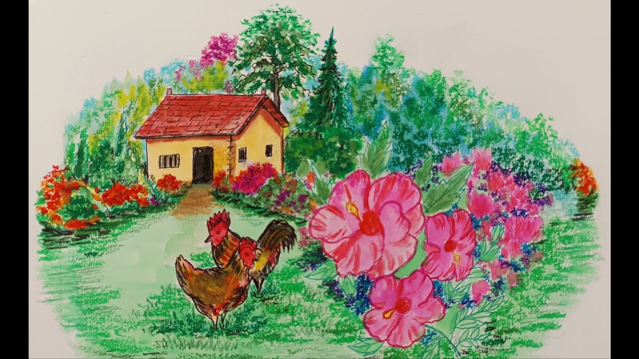 Landscape painting of a beautiful home garden