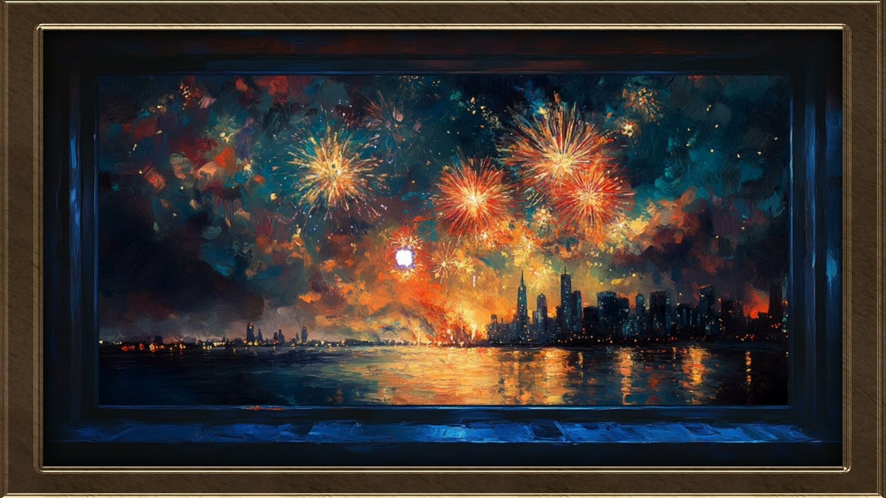6+Hour Gold Frame TV Art | New Years 2025 Fireworks Screensaver TV Art | City Wallpaper TV Art
