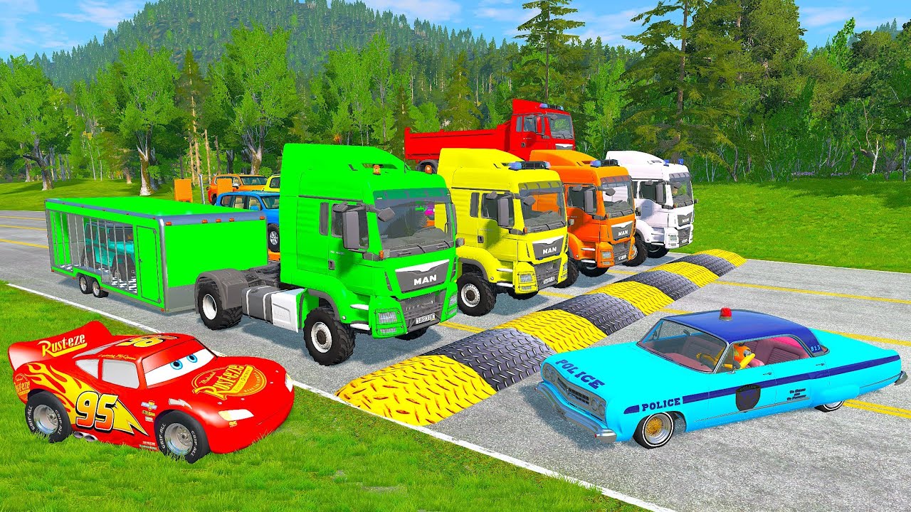 TRANSPORTING PIXAR CARS & FRUITS WITH COLORED & JOHN DEERE vs CLAAS vs TRACTORS - BeamNG.drive 