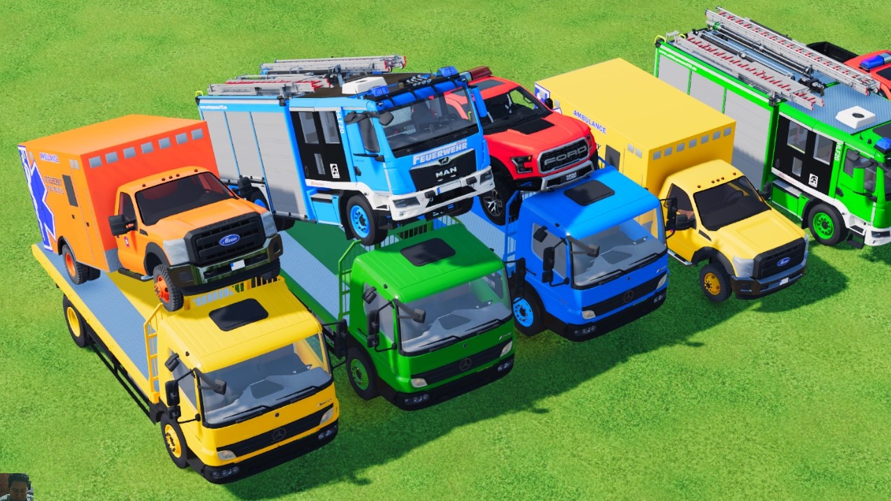 TRANSPORTING POLICE CARS, AMBULANCE, FIRE TRUCK, COLORFUL CARS WITH TRUCK GAME FARMING SIMULATOR 22
