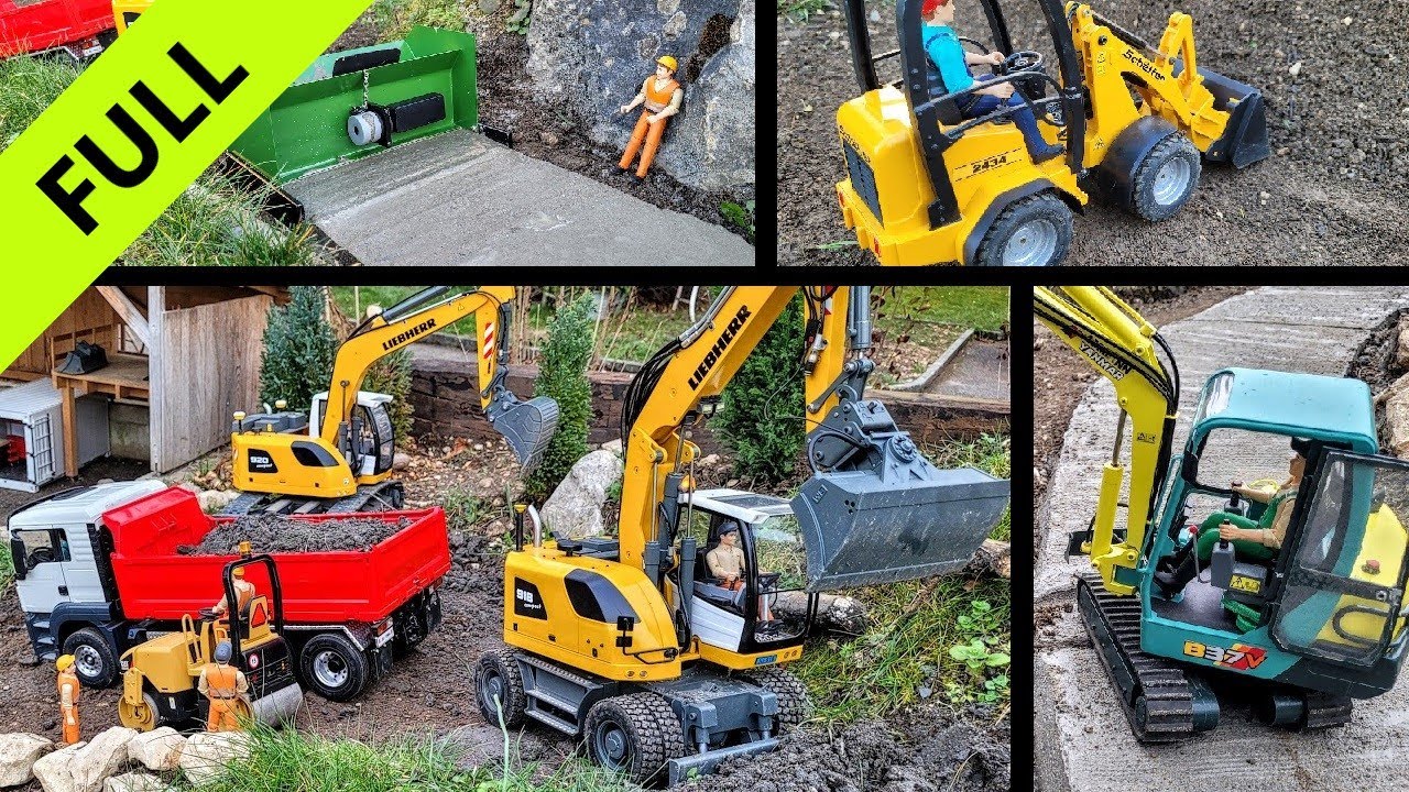 Concrete road construction RC Excavator Liebherr R920 and A918 Yanmar B37V 1/15 Scale. Full Edit