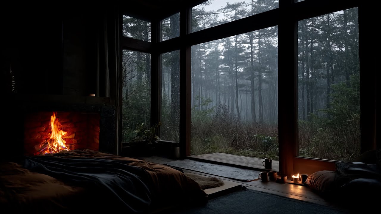 Mountain View Bedroom Rain 🌧️ Heavy Rain on Deck Outside for Deep Relaxation