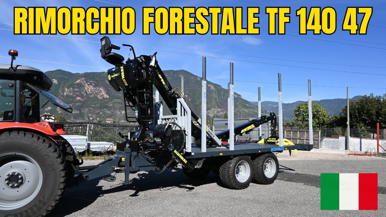 Rimorchio forestale professionale SCHWARZ con gru forestale TAJFUN-LIV e trazione idraulica 