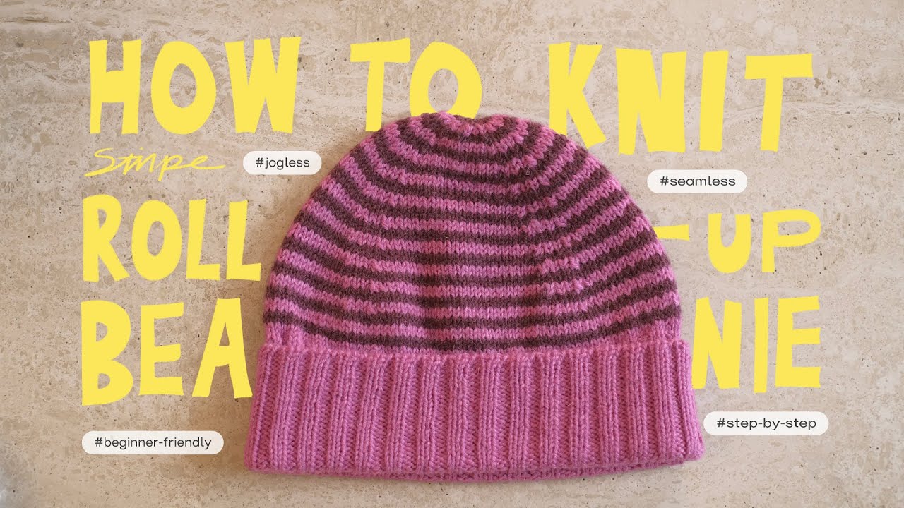 🍷🎀How To Knit a Hat: Stripe Roll-up Beanie | FREE TUTORIAL | Step-by-Step | ★☆☆