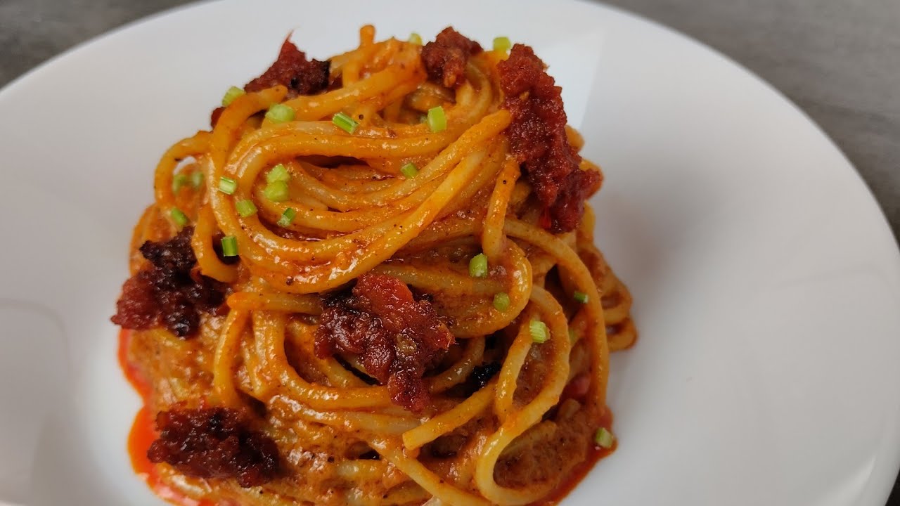 ✨ espaguetis a la carbonara de sobrasada de Mallorca // super fácil