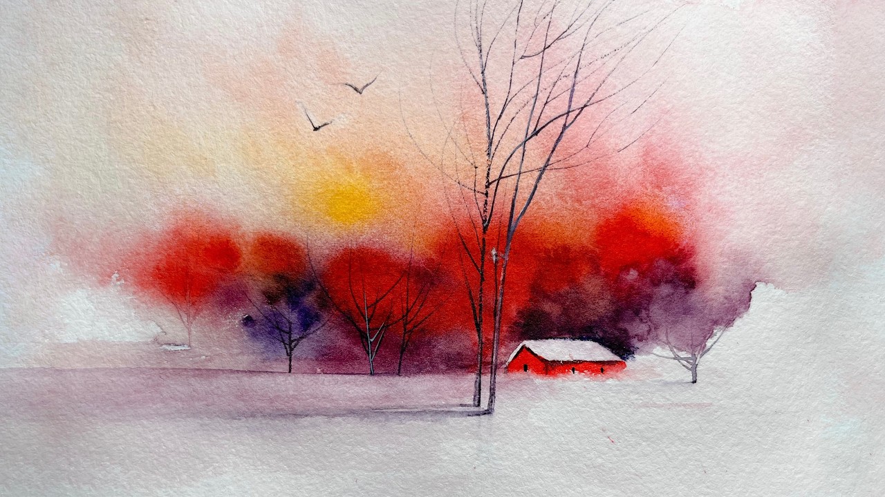 Calming Red Watercolor Landscape Painting | Relaxing nature art tutorial