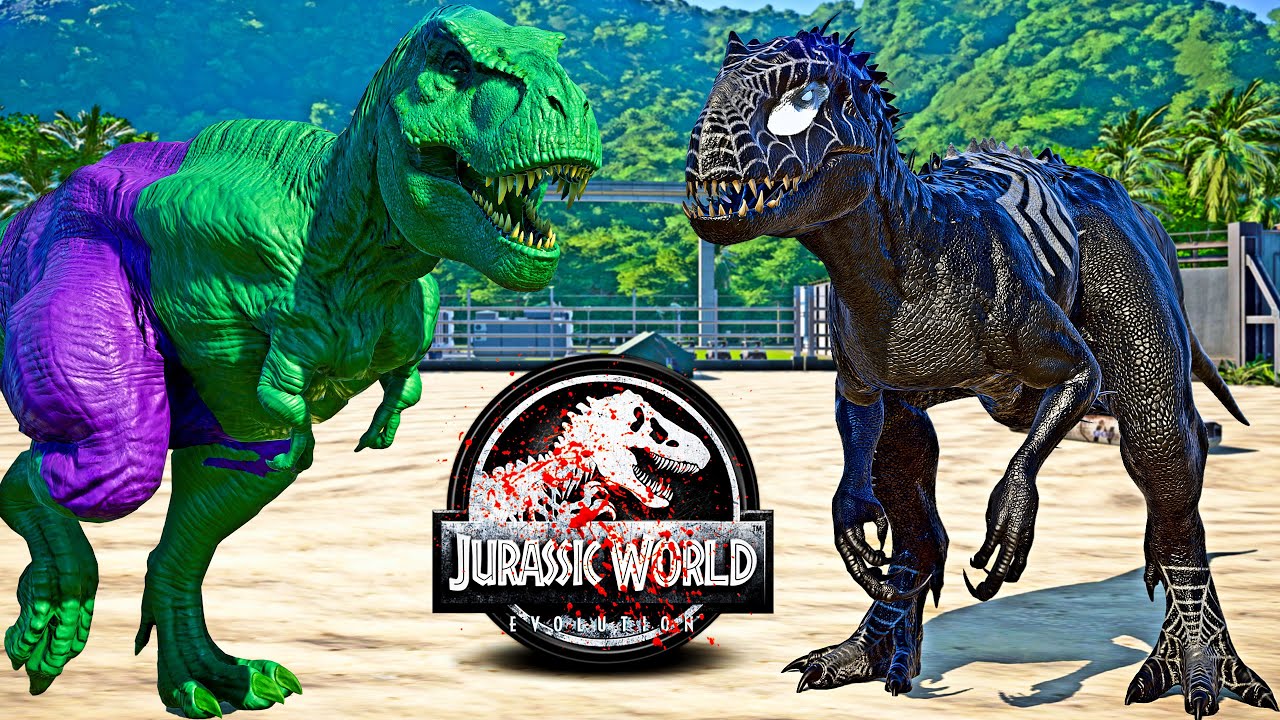 HULK Tyrannosaurus Rex vs VENOM Indominus Rex, SHARKZILLA Dinosaurs Fight 🌍 JURASSIC WORLD EVOLUTION