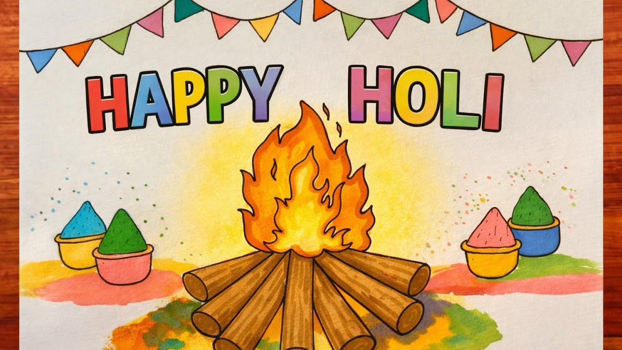 Easy Holika Dahan Drawing for Beginners | Happy Holi Drawing Step by Step