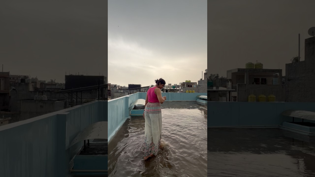 Water accumulated on the roof due to rain😭 #ytshorts #minivlog #rain #monsoon #rain #couple #love