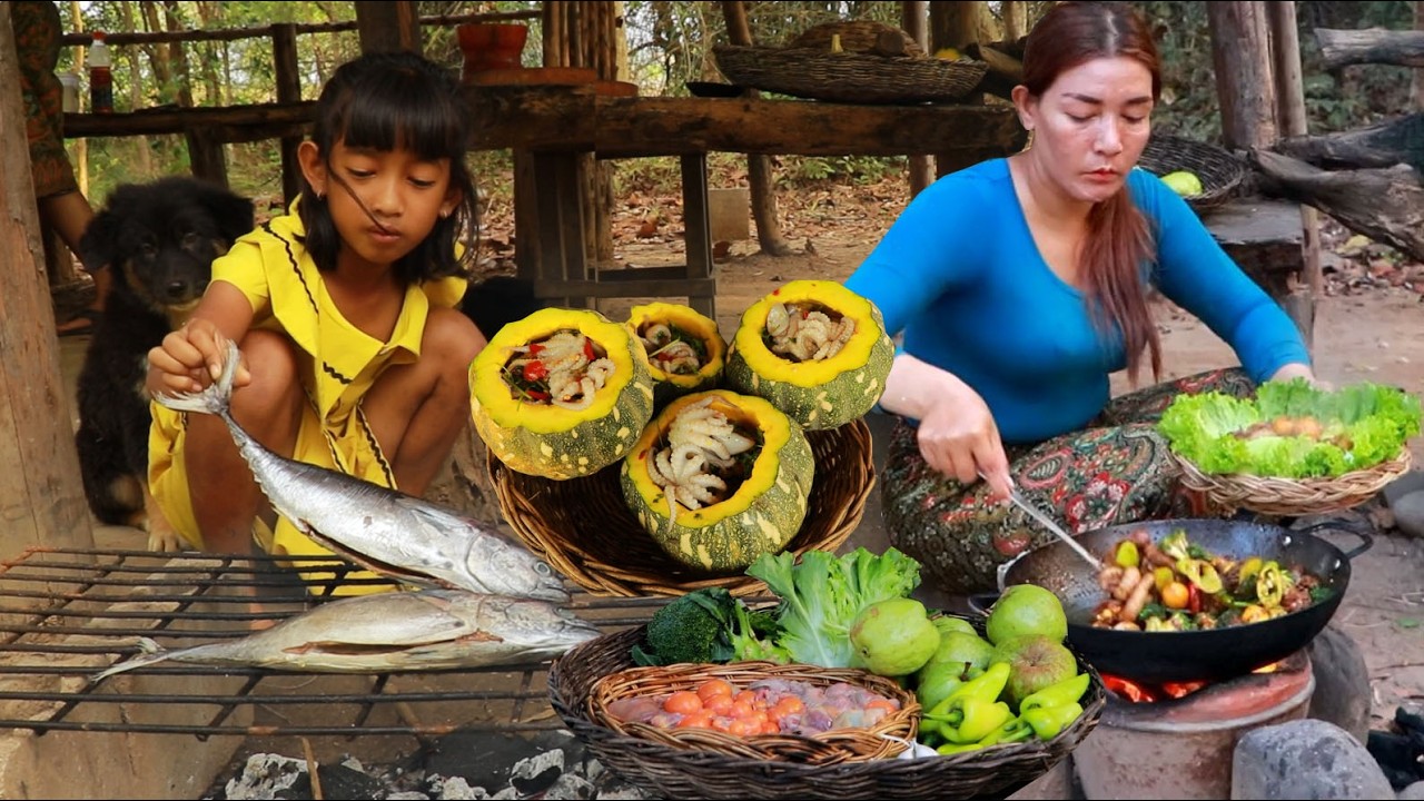 Cooking ovary eggs with broccoli recipe- Steamed octopus in pumpkin & Grilled fish for lunch