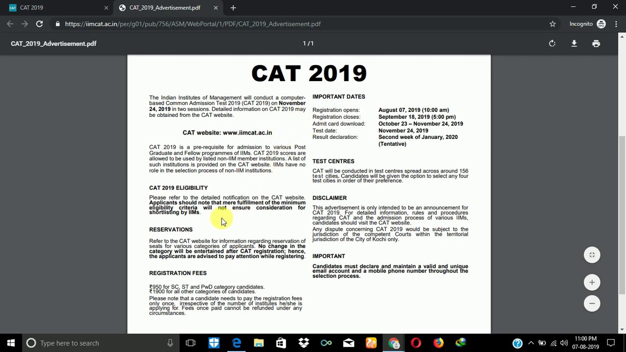 CAT 2019 NOTIFICATION | FORM FILLING | REGISTRATION