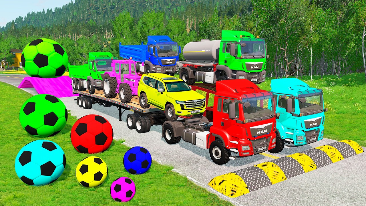 Flatbed Trailer McQueen Transportation with Truck - Speedbumps vs Cars vs Train - BeamNG.Drive #61