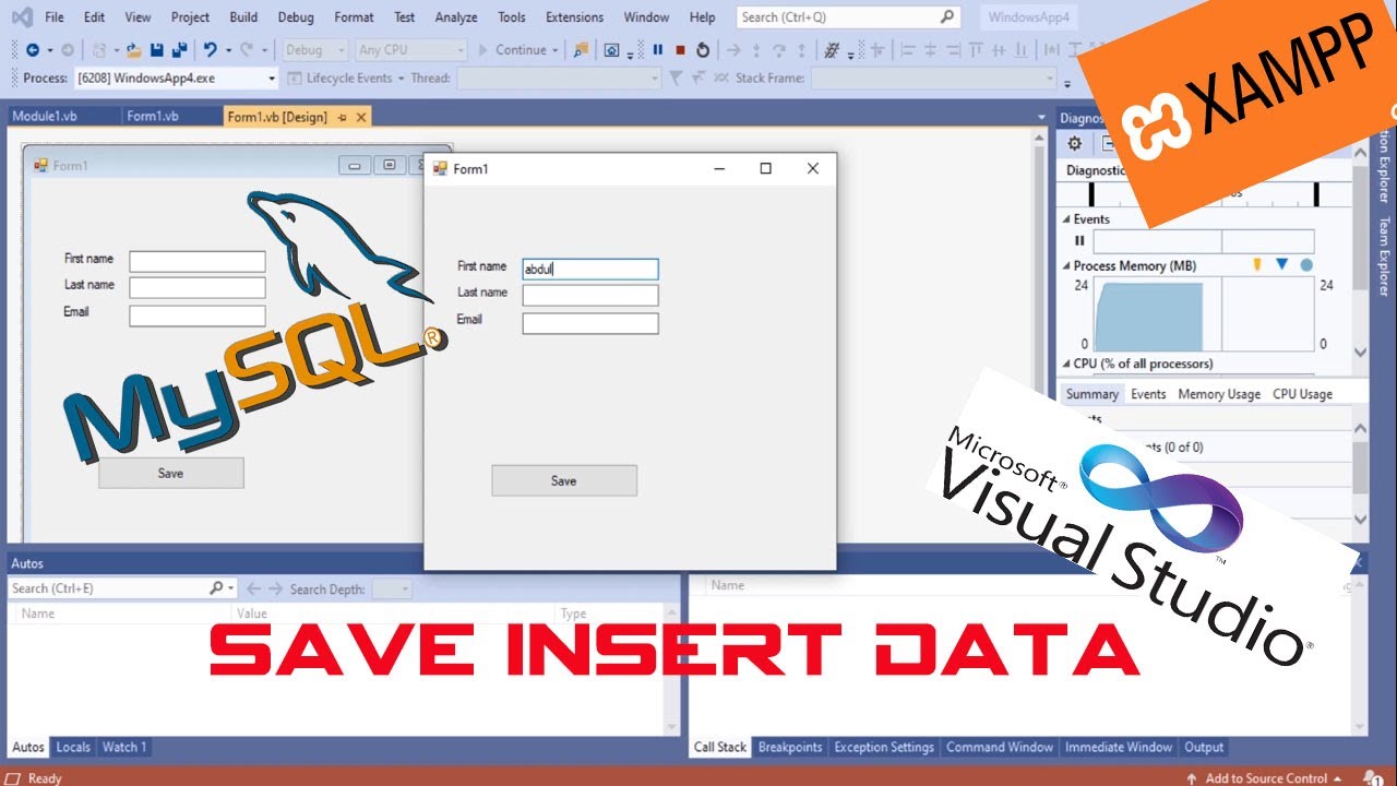How to save/insert data to database using xampp vb.net
