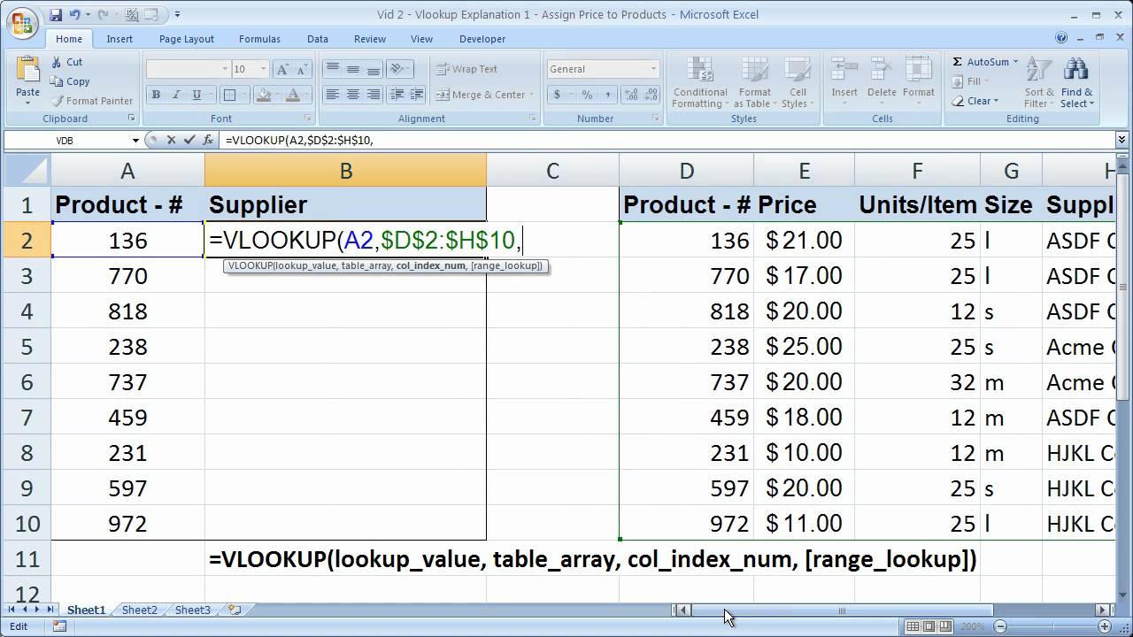Excel Lookup/Search Tip 2 - Vlookup Explanation 1 - Display Product Suppliers from a List/Database
