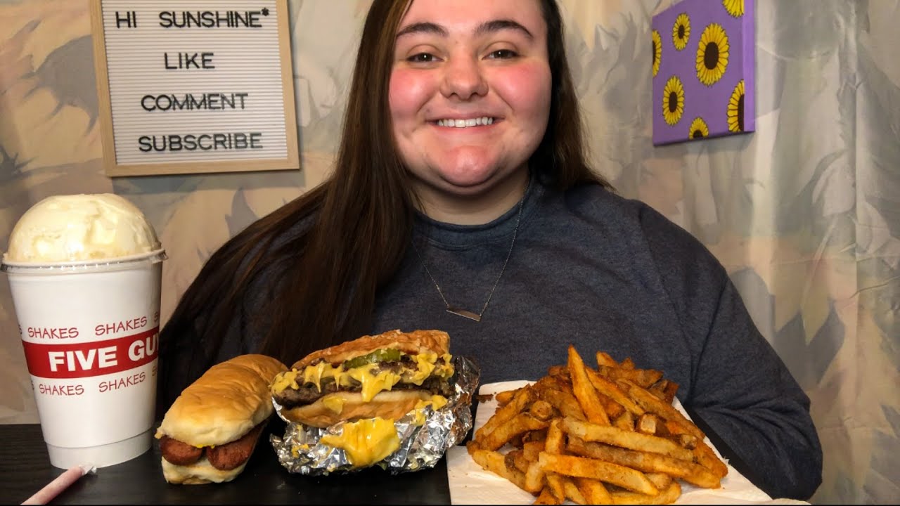 FIVE GUYS MUKBANG! DOUBLE BACON CHEESEBURGER, CHEESE HOT DOG & CAJUN FRIES