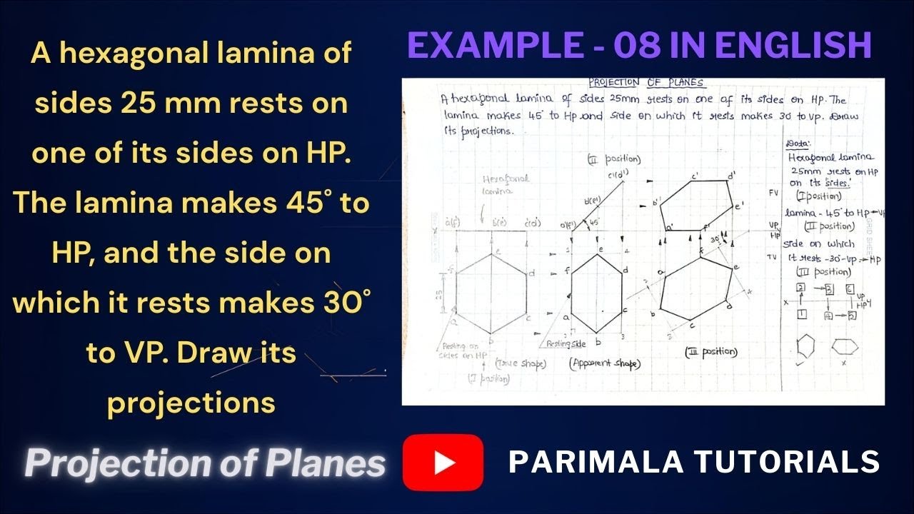 Projection of Planes_ Hexagonal Lamina_ Edge Resting_ Example 08_ Engineering Drawing
