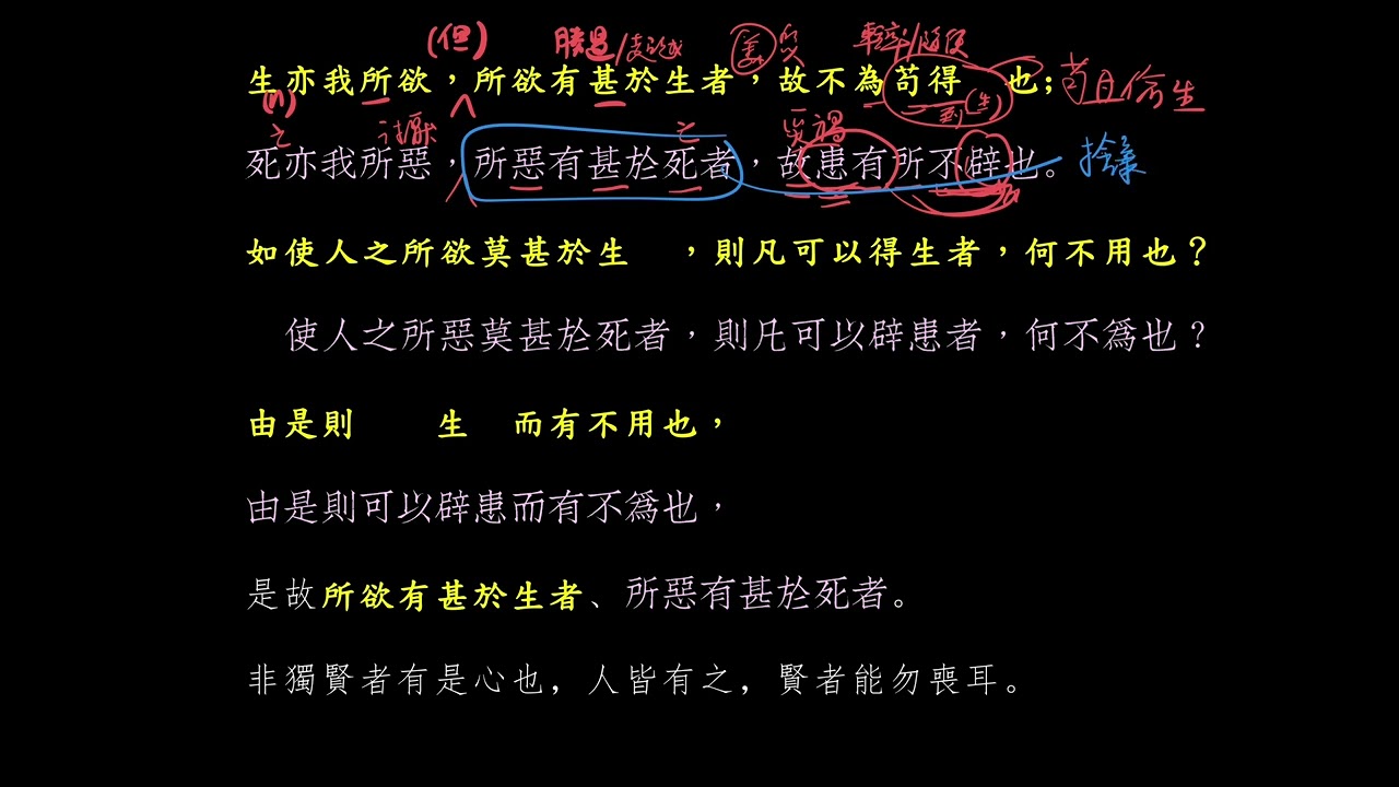 《魚我所欲也》文言解說 段1下 - 生亦我所欲，所欲有甚於生者（DSE 12範文詳解）