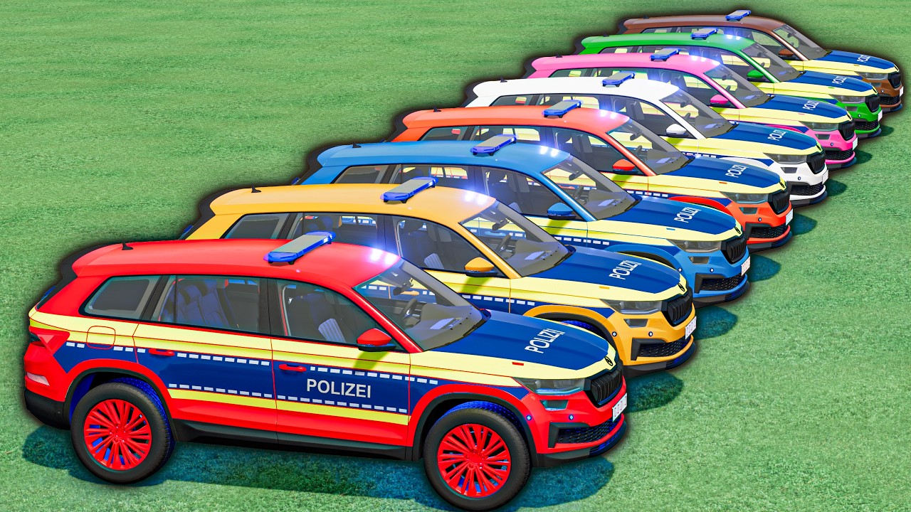 tiny vs GIANT! ALL COLORFUL POLICE CARS! Giant Flatbed Transport Big Trucks & Mega Ramp