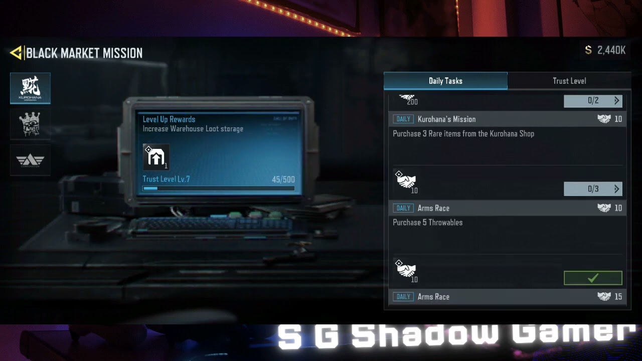 Daily Tasks Special Mission Submit 3 Mythic Loot & Purchase 3 Rare items from the Kurohana Shop 