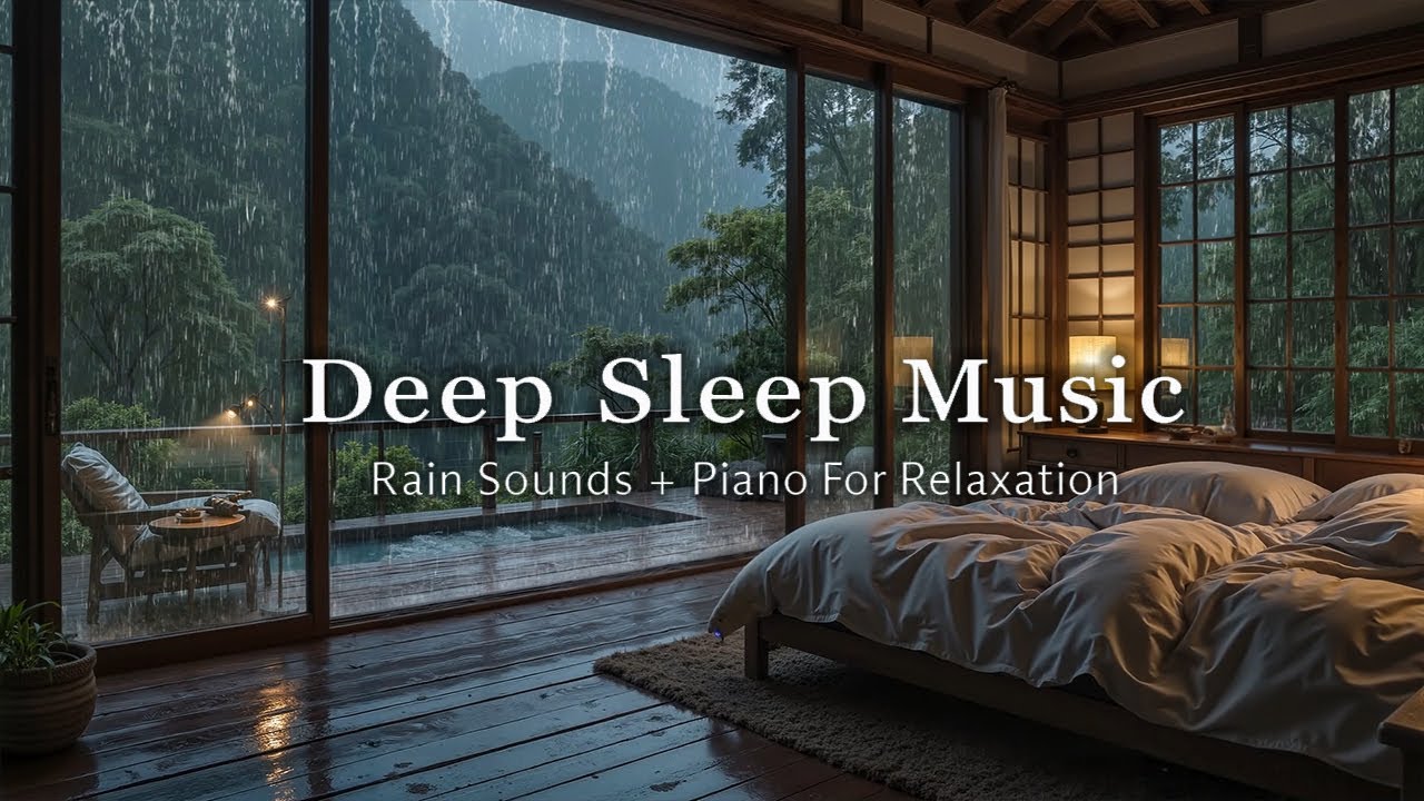 Peaceful Rainy Mountain Bedroom – Relaxing Piano Music with Gentle Rain Sounds for Deep Sleep