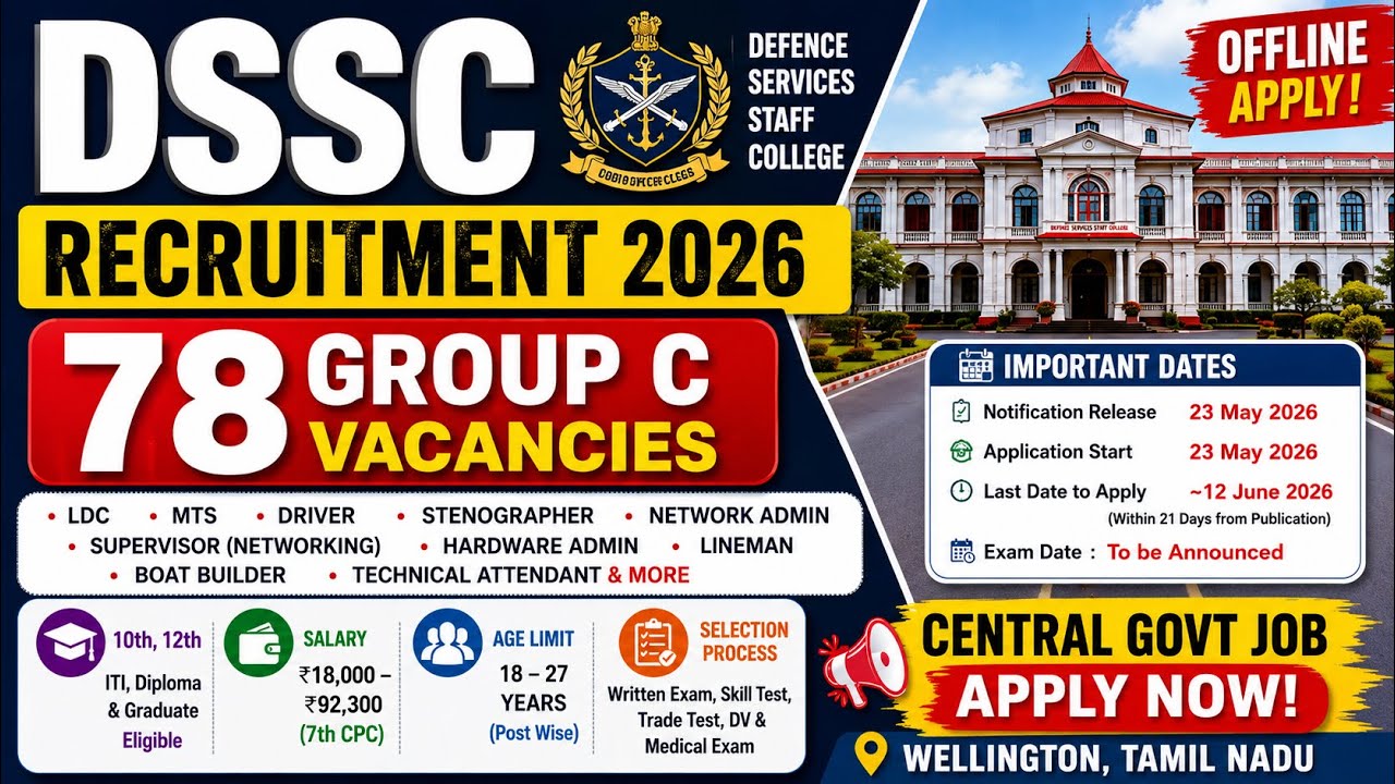 DSSC Group C Recruitment 2026 Full Details | 10th 12th Pass Govt Jobs Defence Services Staff College