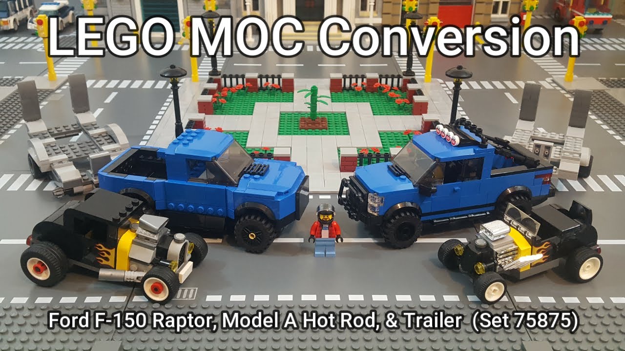 LEGO MOC Ford F-150 Raptor, Model A Hot Rod, & Trailer Conversion (Set 75875)