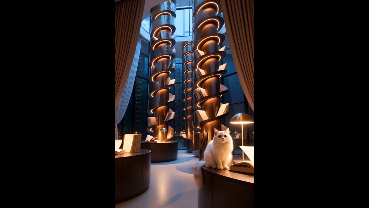 Cozy Futuristic Library Ambience 📚 Gentle Cat Purring & Classical Piano for Sleep, Study, Relaxation