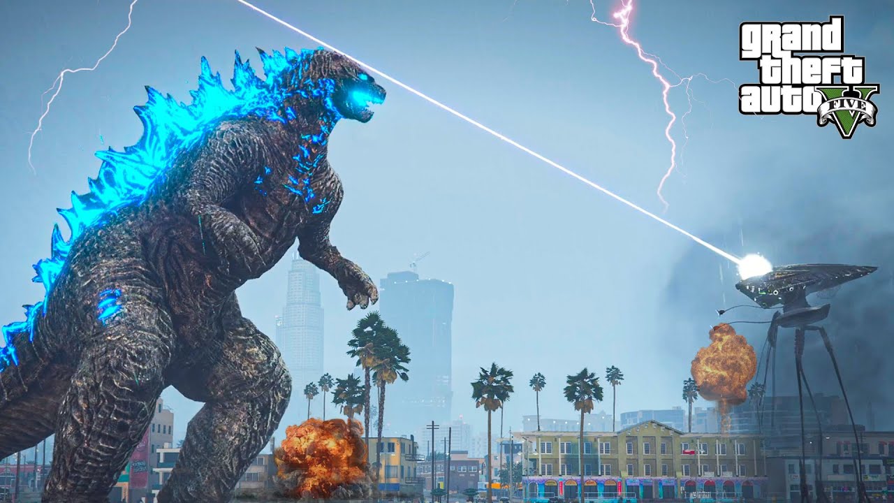Godzilla against Tripod Alien (War of the World)- GTA 5 Mods