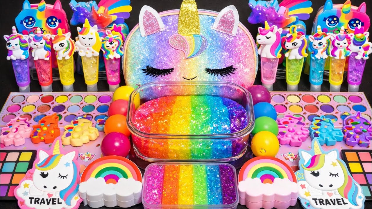 ASMR Clear Slime Mixing 💙💗 Rainbow Eyeshadow + Glitter Charms (So Satisfying)