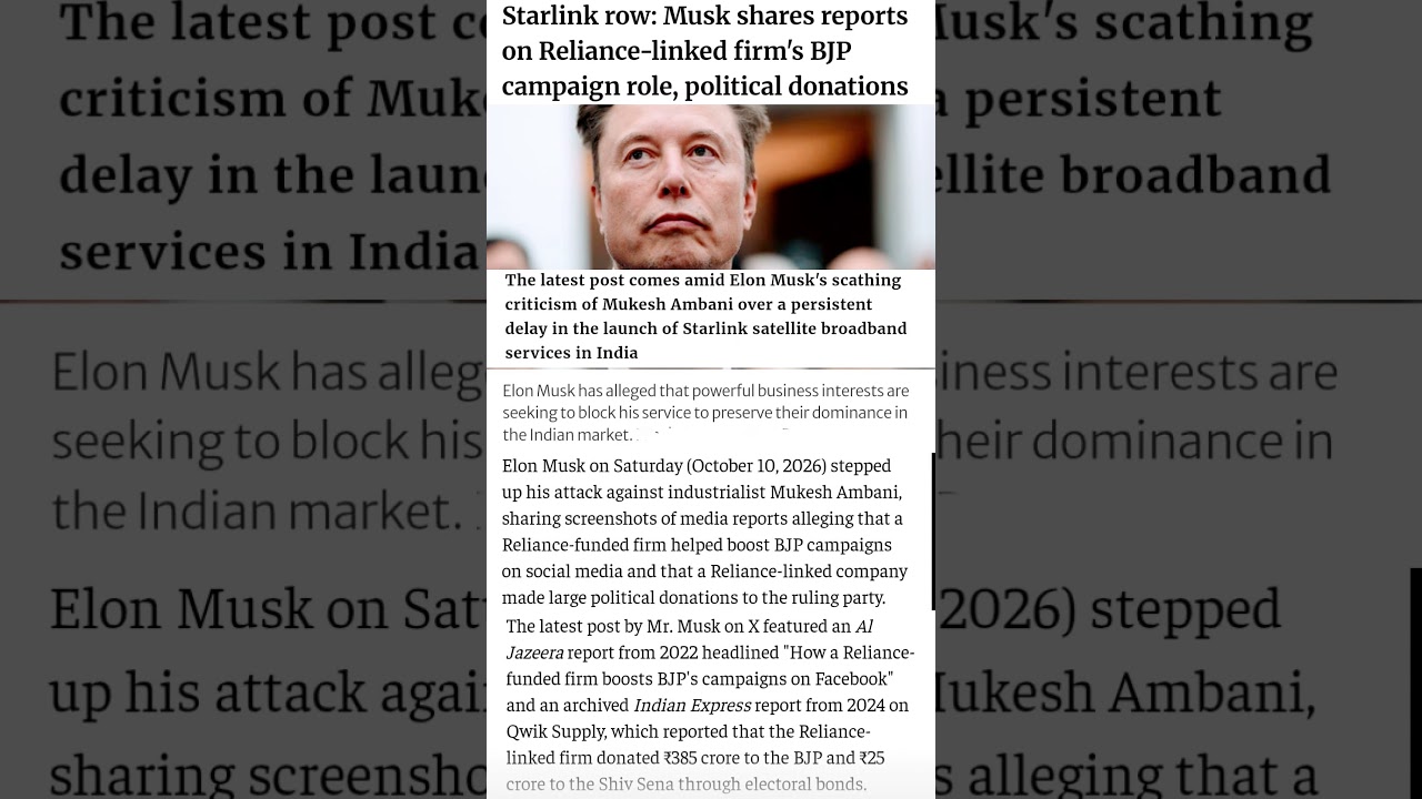 Elon Musk Alleges Ambani Firm Bankrolled BJP Amid Starlink Delay#ElonMusk #Starlink # Ambani #BJP