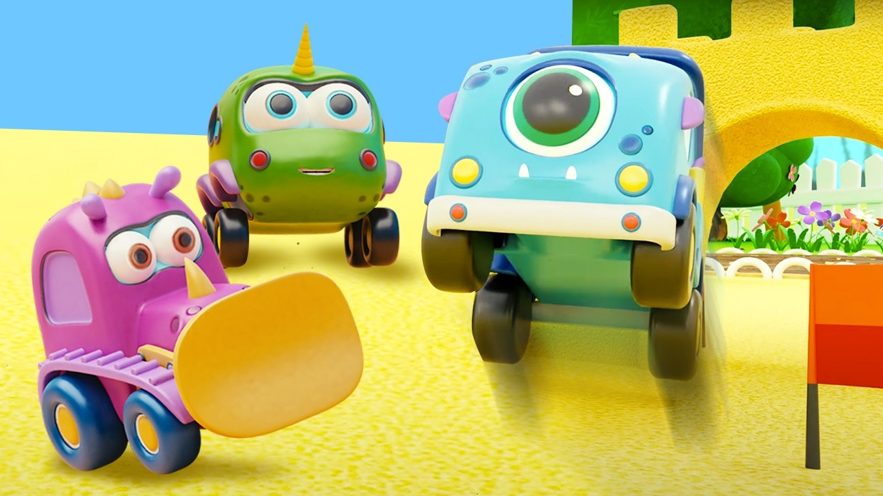 The cars are building a race track near a sandcastle and holding a competition.