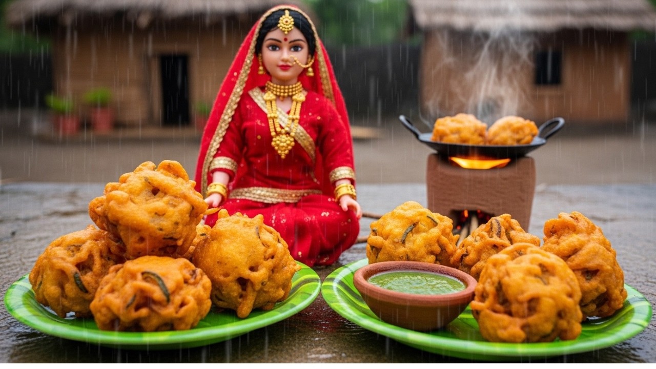 Miniature Doll Onion Pakora Cooking ASMR | Rainy Day Village Tiny Kitchen Recipe