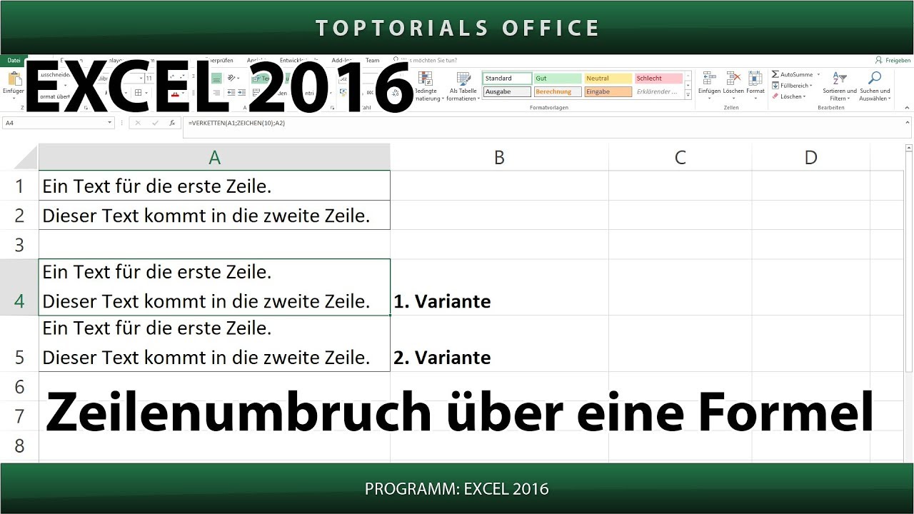 Zeilenumbruch &uuml;ber eine Formel hinzuf&uuml;gen (Excel 2016)