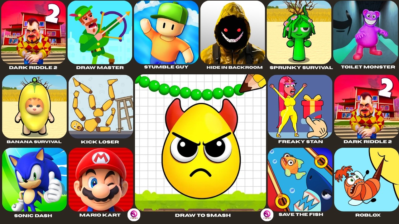 Draw To Smash,Dark Riddle 2,Save The Fish,Sonic Dash,Zombie Tsunami,Grimace Monster Scary Surviva