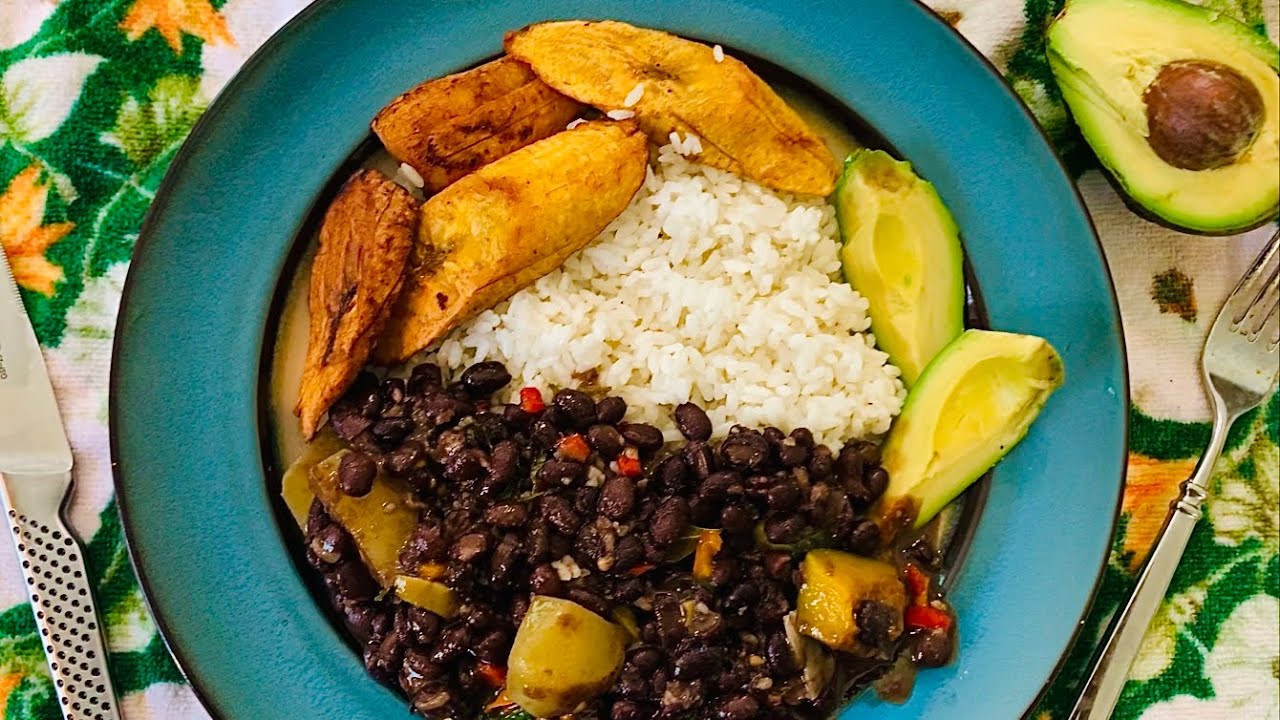 White Rice with Cuban Style Black Beans and Sweet Plantains [Arroz con Frijoles Negros y Platanos]