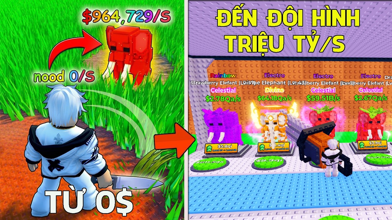 TỪ 0$ SỞ HỮU VŨ KHÍ MẠNH NHẤT ĐẾN ĐỘI HÌNH STRAWBERRY ELEPHANT TRIỆU TỶ/S | CUT GRASS FOR BRAINROTS.