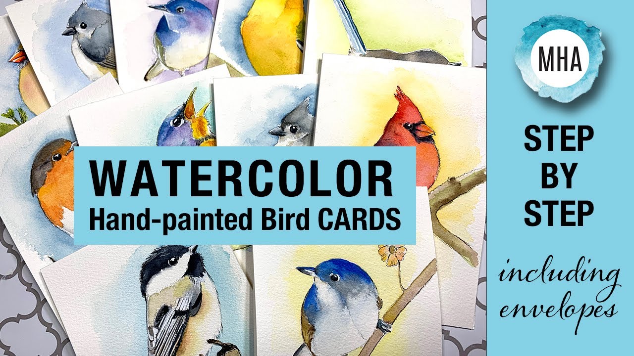 HAND-PAINTED watercolor bird card/painting STEP BY STEP TUTORIAL with HAND-MADE vellum envelopes