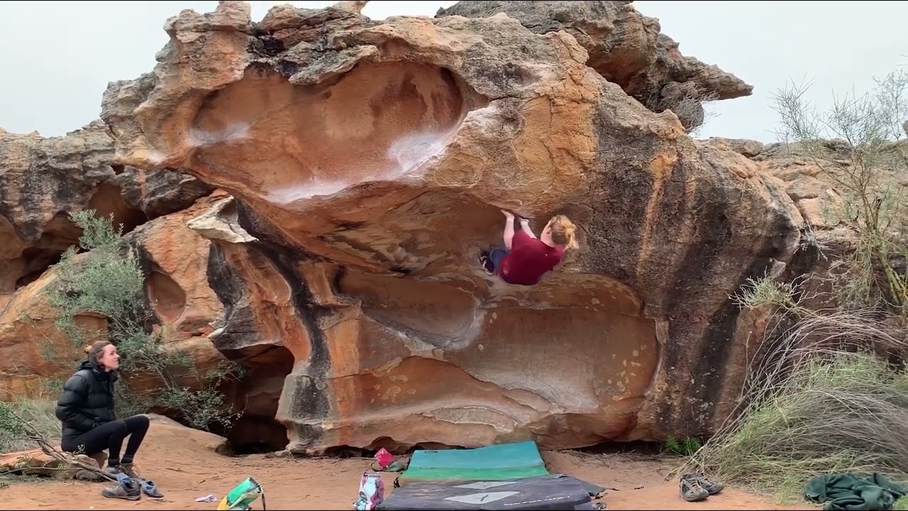 Lucy sending Minki 7b/v8, Rocklands, South Africa
