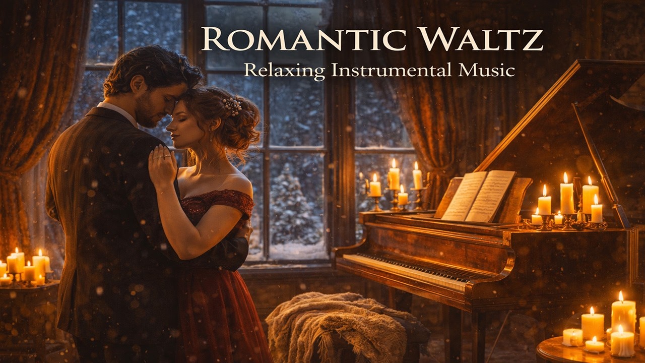 Cozy Winter Piano Waltz ❄️ Relaxing Romantic Instrumental, Snow & Fireplace Ambience (1 Hour)