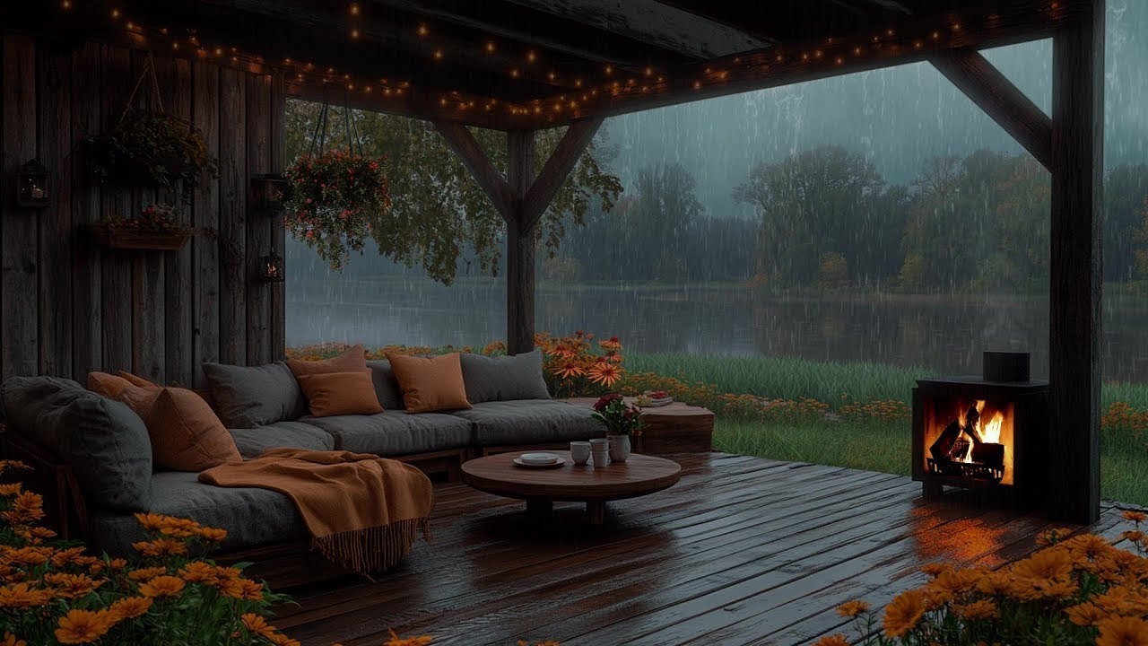 Green Farm Garden Porch Ambience 🌧️ Rain & Fireplace for Meditation, Study & Sleep 🌿