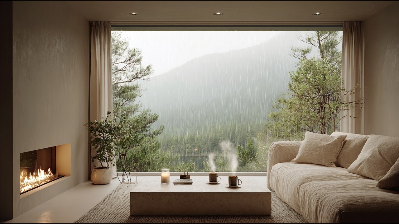 Rainy Mountain Fireplace Ambience 🌧 Calm Focus | Fire Crackling Sounds | 5 Hours