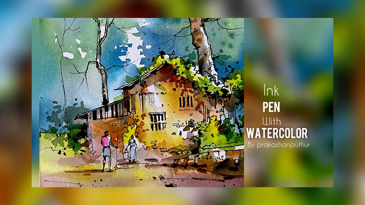 watercolor demo | ink pen with watercolor |  very simple way of watercolor