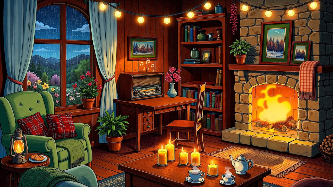 a cozy 1940s night and vintage jazz playing from another room while it's raining (unwind & reading)