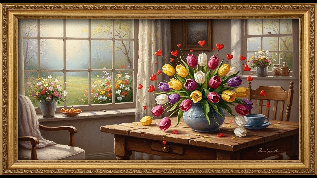 Tulips & Hearts Still Life Painting | 4K Digital Canvas Wallpaper | Rustic Farmhouse Art
