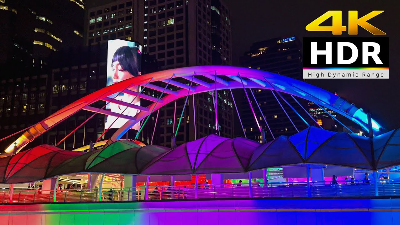 4K HDR // Night Sathorn Walking Tour in Bangkok | Chong Nonsi Skywalk Lights | Thailand 2022